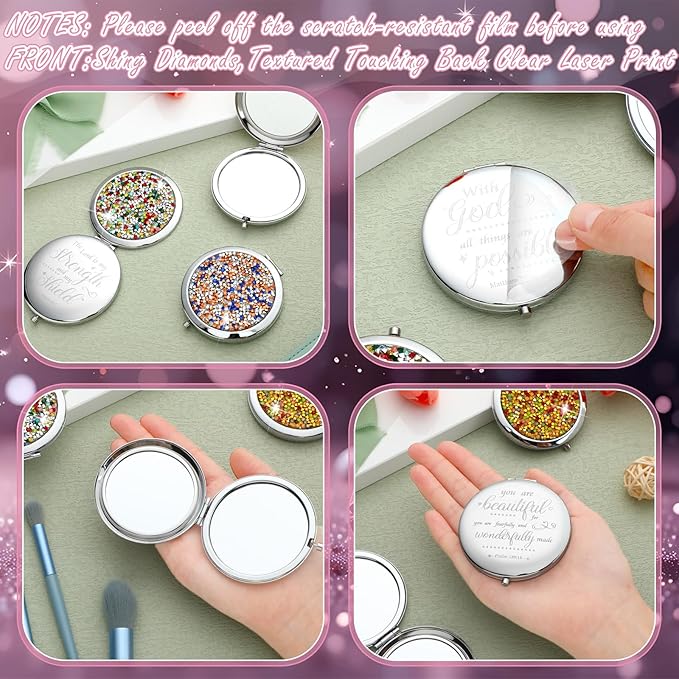 Thyle 12 Pcs Christian Compact Mirror Gifts for Women Mother's Day Nurse Week Bible Verse Wallet Mirror Bulk Hand Makeup Compact Religious Baptism for Holy Communion Teacher(Style 2,Dark Color)