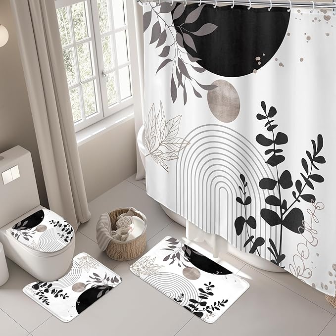 Riyidecor Black White Boho 4Pcs Bathroom Shower Curtain Sets Gray Retro Abstract Leaves Bathroom Decor Set with Rugs and Accessories Modern Neutral Toilet Lid Rug, Contour and Bath Mat with 12 Hooks