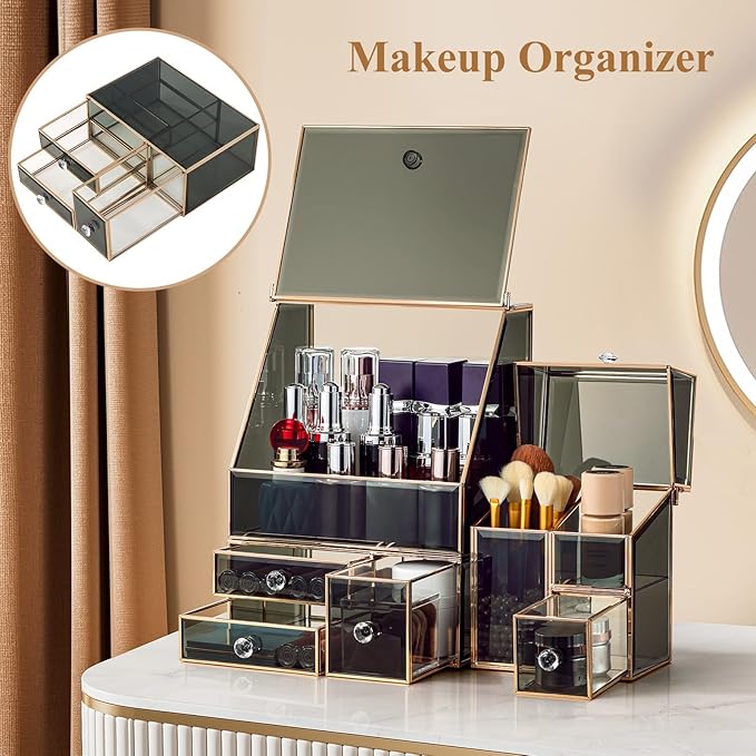 Glass Makeup Organizer for Vanity, High-End Cosmetic Storage Box for Skincare, Perfume, Brushes & Lipsticks, Elegant Countertop Organizer for Bathroom or Dresser- Christmas Gifts For Women