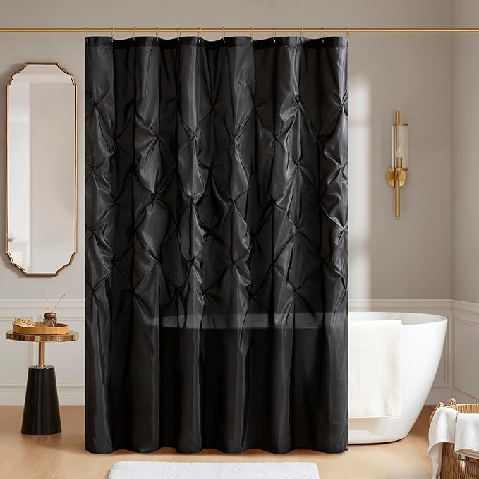 Madison Park Laurel Semi-Sheer Black Shower Curtain – Lightweight Faux Silk Fabric, 72x72 in, Light Filtering, Modern Style Bathroom Curtain Textured Tufting Detail Modern Mid-Century Bathroom Decor