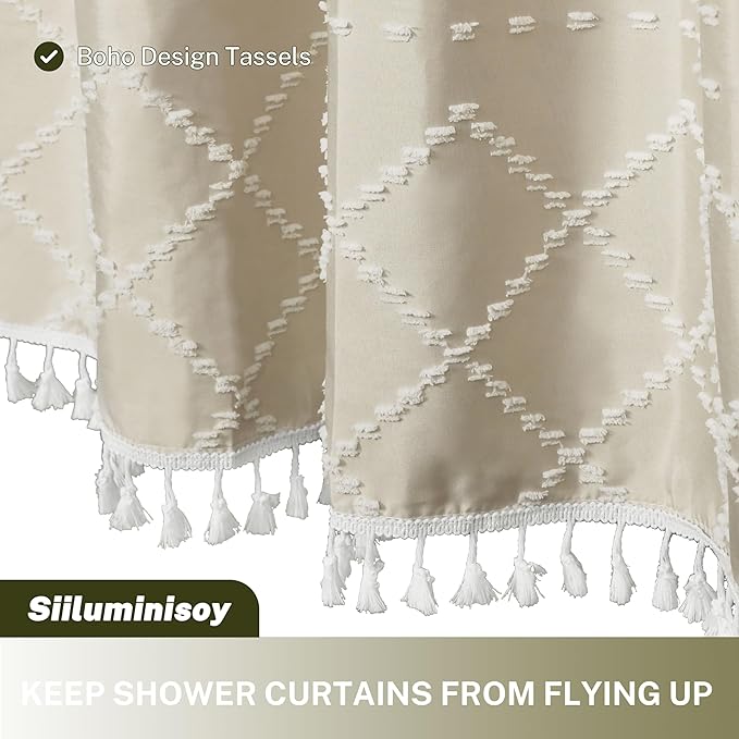 Beige Boho Woven Fabric Cute Shower Curtain, 72 x 72 Tufted Chevron Textured Striped Modern Farmhouse Minimalist Cloth Shower Curtain for Bathroom