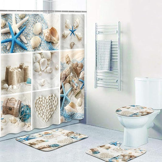 Britimes 4 Piece Shower Curtain Sets, with 12 Hooks, Beach Shell Collage Accessories with Non-Slip Rugs, Toilet Lid Cover and Bath Mat, for Bathroom Decor Set, 72" x 72"
