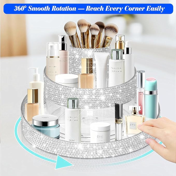 Yivaiks Bling 360 Rotating Makeup Organizer,Shiny Lazy Susan Cosmetic Storage Turntable for Skincare,Perfume & Lipstick,Glitter Round Spinning Tray with Brush Holder for Vanity,Bathroom (10"L x 10"W)
