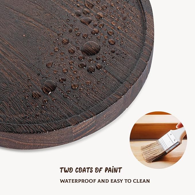 Round Decorative Tray Wood Bathroom Counter Organizer Farmhouse Kitchen Decor Wooden Riser for Soap Dish, Perfume, Candle, Sponge, 9 Inch, Dark Brown