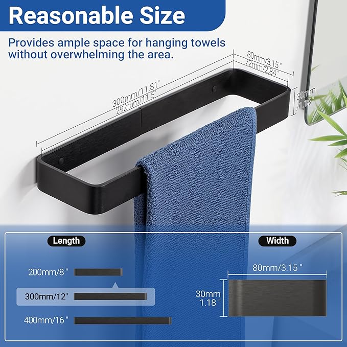 SAYAYO Matte Black Hand Towel Holder for Bathroom Wall, 12 Inch Self Adhesive Towel Bar Hand Towel Rack Square Heavy Duty