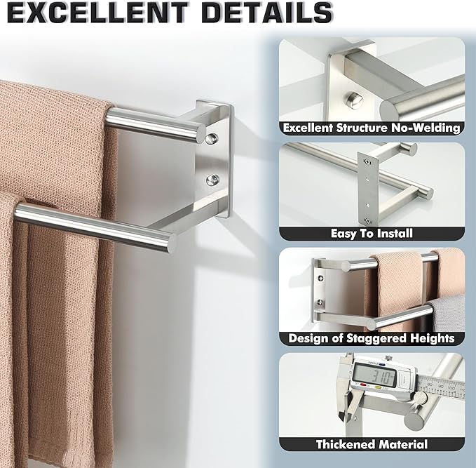 Alise Double Towel Bars for Bathroom, Wall Mount Towel Holder 32'' Towel Racks for Bathroom, SUS304 Stainless Steel Towel Hanger Towel Rails, Brushed Nickel