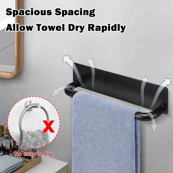 Livabber Self Adhesive Hand Towel Holder- 304 Stainless Steel Hand Towel Bar for Bathroom Kitchen Stick on Wall, Towel Ring No Drilling, 9 Inch (Black)