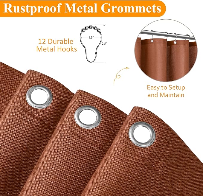 Naturoom Terracotta 48 Inch Boho Shower Curtain - Stall Narrow Half Linen Ultra Thick Fabric Shower Curtain Set with Hooks, Farmhouse Rustic RV Camper Bath Curtains for Bathroom, 48x72