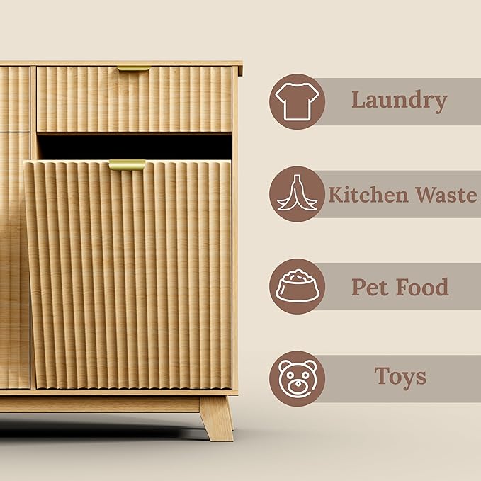 Double Tilt Out Laundry Hamper Cabinet, 20 Gallon Wooden Trash Can Cabinet with Storage Drawers, Hidden Fluted Garbage Can Holder for Kitchen, Living Room (Natural Wood, 39.34"W x 35.83"H x 13"D)
