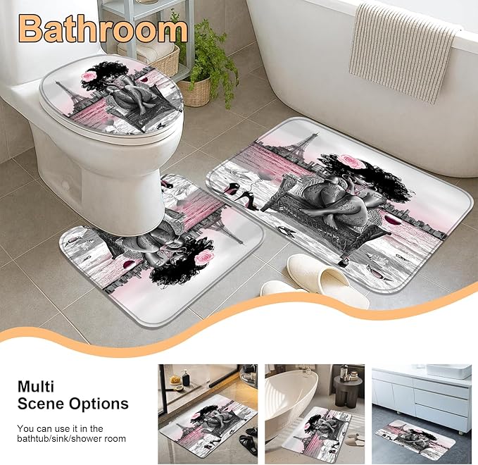 4Pcs Black Girls Bathroom Sets with Shower Curtain and Rugs, African Shower Curtain Set for Women, Eiffel Tower Pink Pattern Waterproof Fabric with 12 PCS Hooks, Cortina de baño Set completo