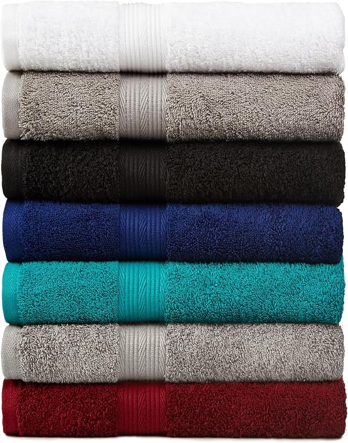 Amazon Basics 6-Piece Fade-Resistant 100% Cotton Towel Set, Soft and Absorbent, 2 Bath Towels, 2 Hand Towels, 2 Washcloths, Navy Blue