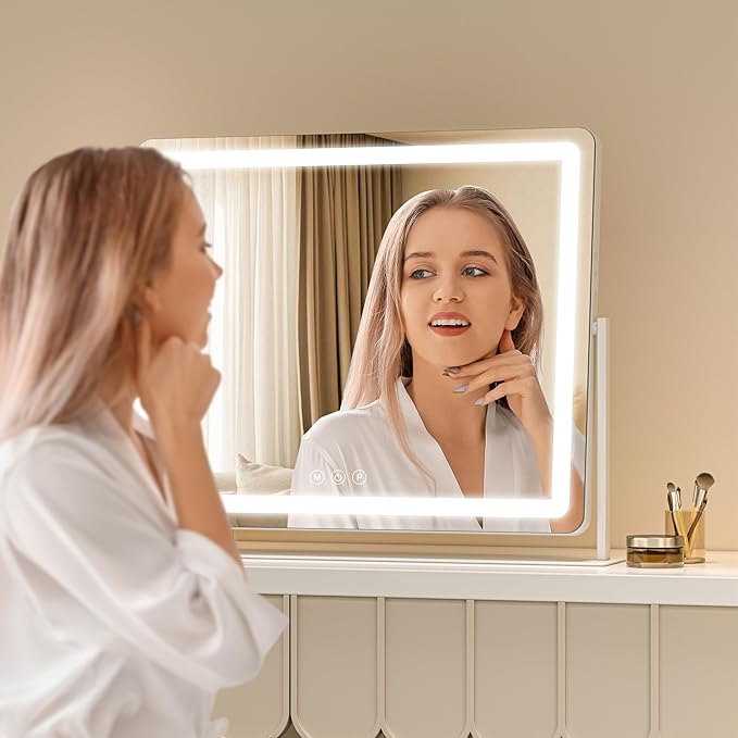 Large Vanity Mirror with Lights 29.5'' x 22'' - Touch Screen Hollywood Makeup Mirror, 3 Color Modes + Dimmable LED Lighting, Premium Aluminum Frame for Dressing Table & Bathroom
