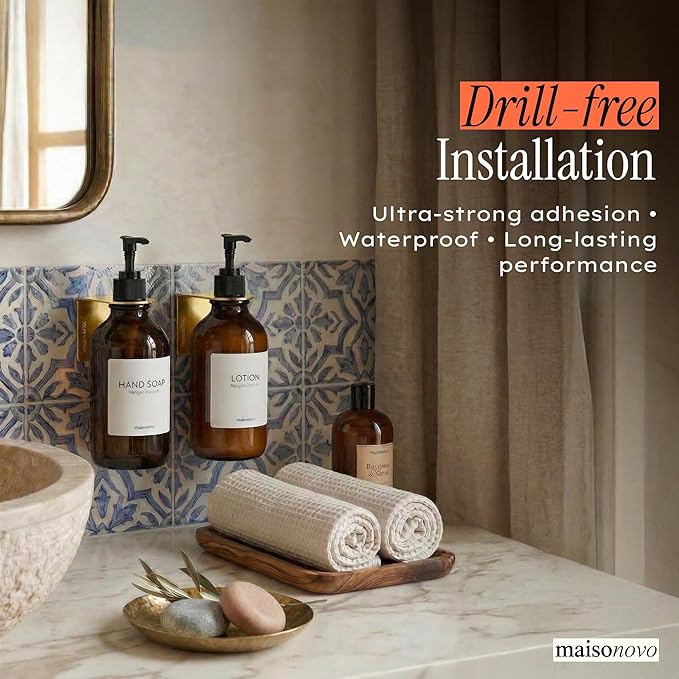Shampoo and Conditioner Dispenser Wall Mounted Set of 2 Amber Gold - No Drill Shower Soap Dispenser for Bathroom Refillable - Spa Hotel Style Accessories by MaisoNovo