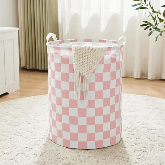 Ohocut Pink Checkered Laundry Basket, Collapsible Aesthetic Cute Canvas Organizer Hamper Basket for Storage, Toy Bins, Bedroom Clothes, Children Nursery, Gift Basket