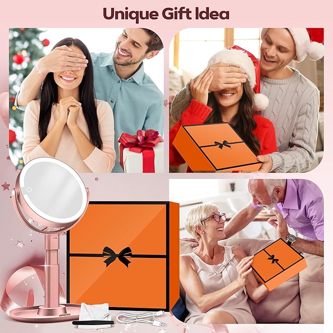 MOMOKUBA Makeup Mirror with Lights, 30X Magnifying & Height Adjustable, Lighted Magnifying Mirror with 3 Light Modes & Stepless Dimming, Vanity Mirrors for Bathroom, Birthday Gift for Women, Rosegold