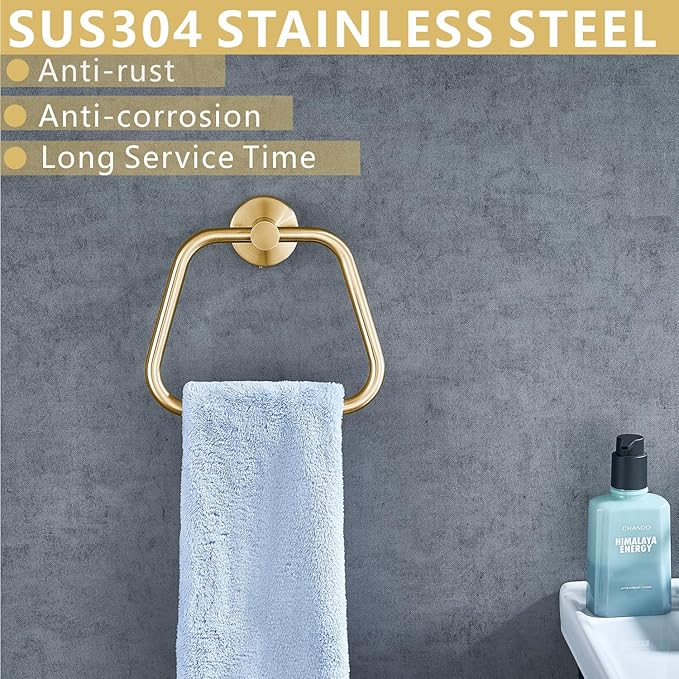 Bath Towel Ring, Bathroom Hardware Towel Holder, Gold Towel Ring for Bathroom, Modern Trapezoid Wall Mounted Towel Hanger, 304 Stainless Steel (Gold)