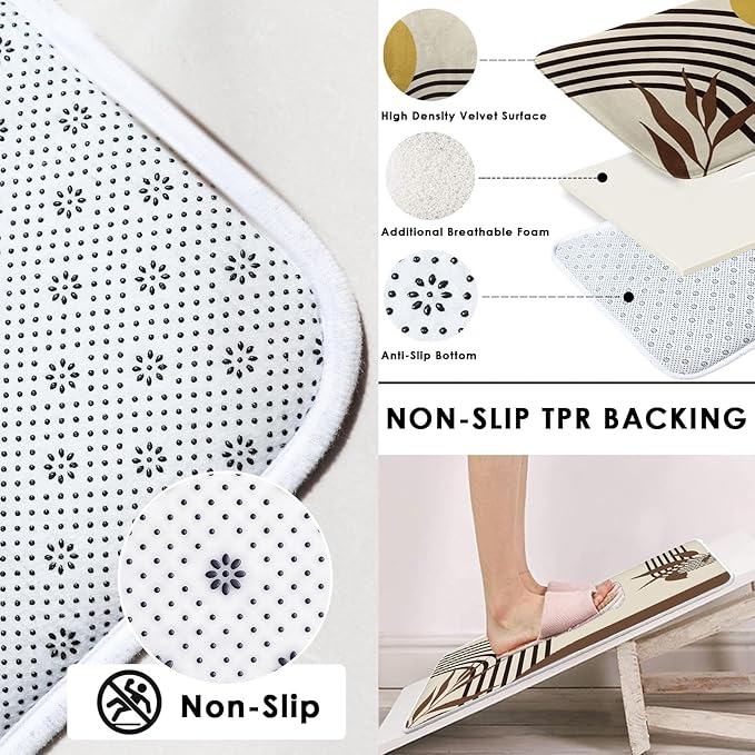Boho Mid Century Shower Curtain Set with Toilet Lid Cover and Non-Slip Rugs, Abstract Geometric 4 Pcs Modern Minimalist Brown Yellow Vintage Shower Curtain for Bathroom Set with 12 Hooks
