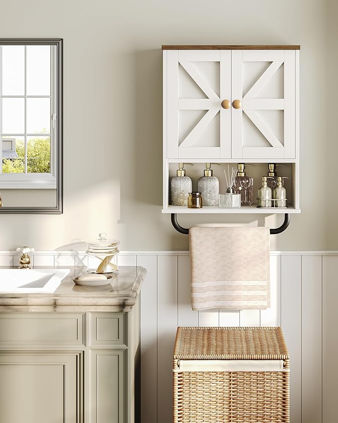CHOEZON Bathroom Wall Cabinet, Medicine Cabinet with Open Partition and Towel Bar, Rustic Storage Cabinet with Open and Hidden Storage Space, for Bathroom, Living Room, Kitchen, White and Walnut