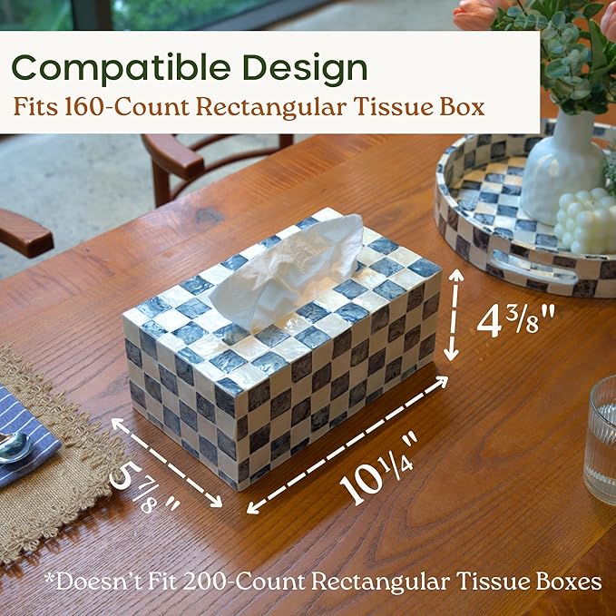 CHI AN HOME Rectangle Checkered Tissue Box Cover Handmade with Capiz Shells, Decorative Tissue Box Holder for Living Room, Bathroom or Kitchen Counter (Navy Blue)