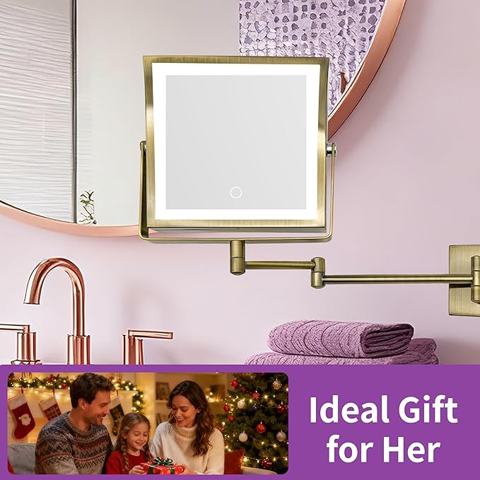 Wall Mounted Lighted Makeup Mirror, Rechargeable Double-Sided 1X/10X Magnifying Mirror with Light, Touch Dimmable 3 Color Lights, 360° Rotation Extendable Arm (Antique Brass)