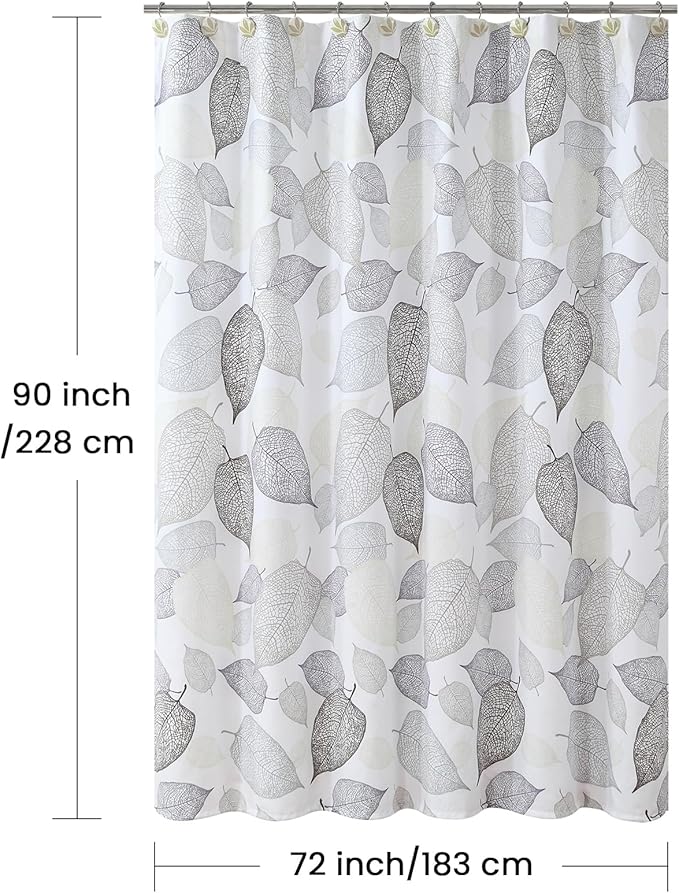 90 Inch Fabric Shower Curtain, Extra Long Modern Leaf Print Waterproof Bath Curtain with White Background & Beige Grey Brown Leaves Design, 72" W x 90" H
