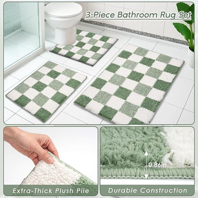 Britimes Sage Green Bathroom Sets with Shower Curtain and Rugs, Minimalist Striped Checkerboard Waterproof Shower Curtain Liner and Soft Non Slip Bath Mat for Bathroom Decor and Accessories Hooks
