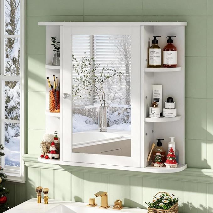DL-win Bathroom Medicine Cabinet with Mirror, Wall Mounted Home Storage with Door, Over The Toilet Space Saver Storage Cabinet, Bathroom Cabinet Wall Mounted, White