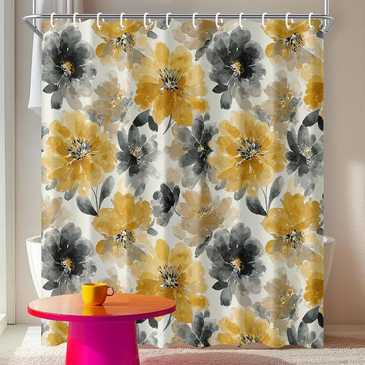 Yellow Grey Floral Shower Curtain 72x72 Inch Watercolor Flower Bathroom Curtain Modern Boho Style Machine Washable Decor