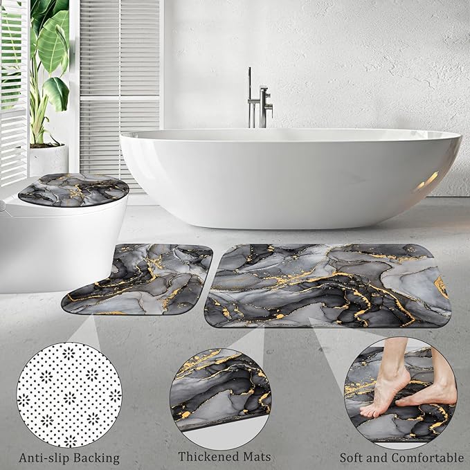 4PCS Black Grey Marble Bathroom Sets with Shower Curtain and Rugs, Abstract Shower Curtain Sets with Rugs, Modern Bathroom Curtains Shower Set Accessories with Toilet Lid Cover