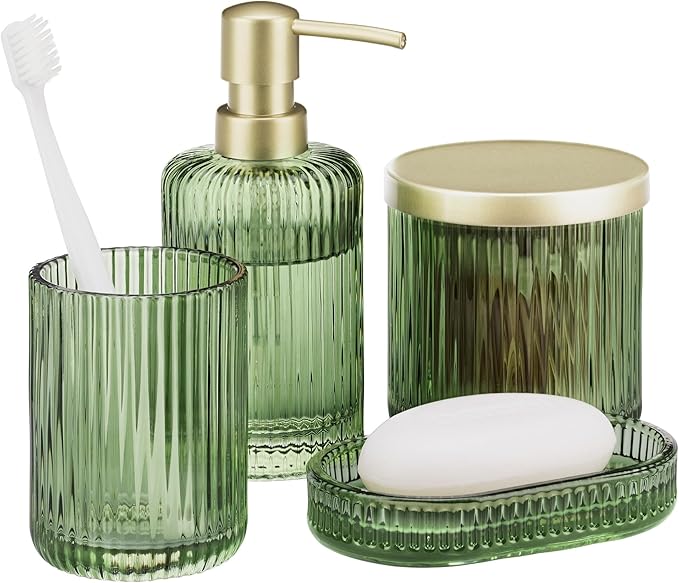 Navaris Glass Bathroom Accessories Set - Durable 4 Piece Accessory Set in Sage Green - Vanity Home Decor - Toothbrush Holder, Soap Dispenser, Cotton Jar & Soap Dish