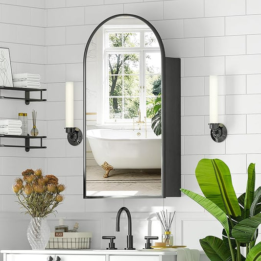 Arched Medicine Cabinet with Mirror, Brushed Black Wall Mounted Bathroom Mirror Cabinet, 3 Adjustable Shelves Storage, Reversible Door Opens Left to Right, Modern Metal Frame, 16 x 30 Inch