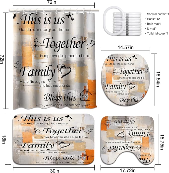 Lnond 4Pcs Bathroom Shower Curtain Sets with Rugs, Orange Grey Motivational Home Family Bathroom Sets with Shower Curtain and Rugs and Accessories