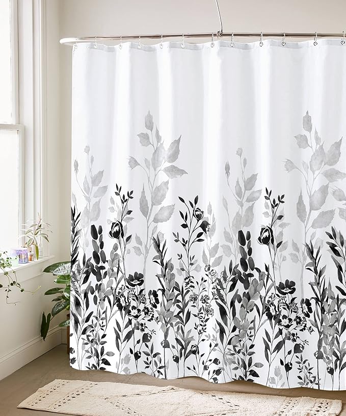 Neasow Black and Grey Shower Curtain, Watercolor Floral Bathroom Curtain Black and White Shower Curtains 72×72 inches