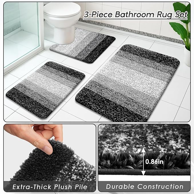 Britimes Black Grey Stripes Bathroom Sets with Shower Curtain and Rugs, Ombre Modern Abstract Waterproof Shower Curtain Liner and Soft Non Slip Bath Mat for Bathroom Decor and Accessories Hooks