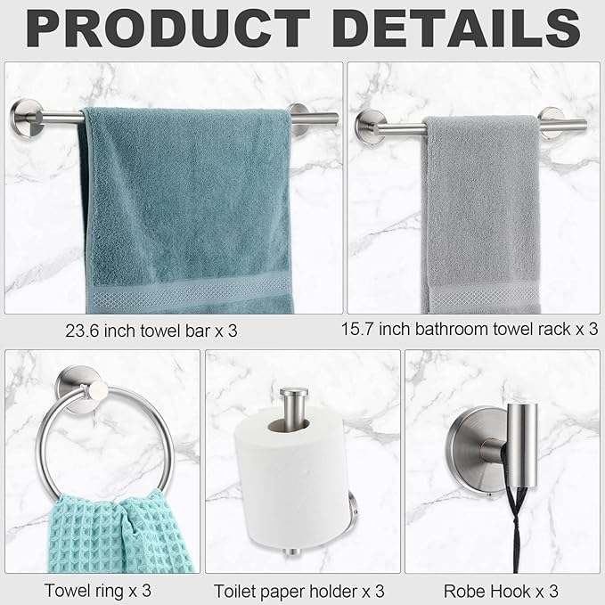 Gisafai 15 Pcs Silver Bathroom Accessories Hardware Set Towel Racks for Bathroom SUS304 Stainless Steel 23.6 Inch Brushed Towel Bar Ring Toilet Paper Holder Robe Hooks for Wall Mounted