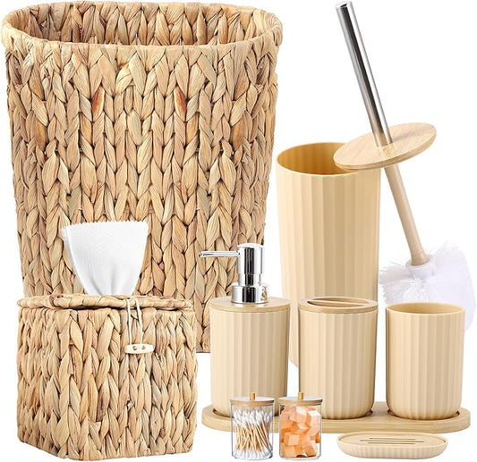 Bathroom Accessories Set,10PC Wicker Home Set with Trash Can, Tissue Box,Tray, Soap Dispenser, Soap Dish, Toothbrush Holder, Toothbrush Cup,Toilet Brush and Qtip Holders (Ratten, Beige)