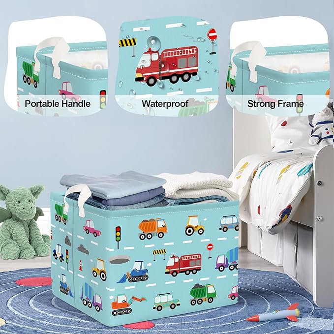 Cars Laundry Hamper Cartoon Vehicle Large Storage Basket Collapsible Parents Organizer Boy Toy Clothes Bins for Bedroom, Bathroom, Fire Engine, 36L