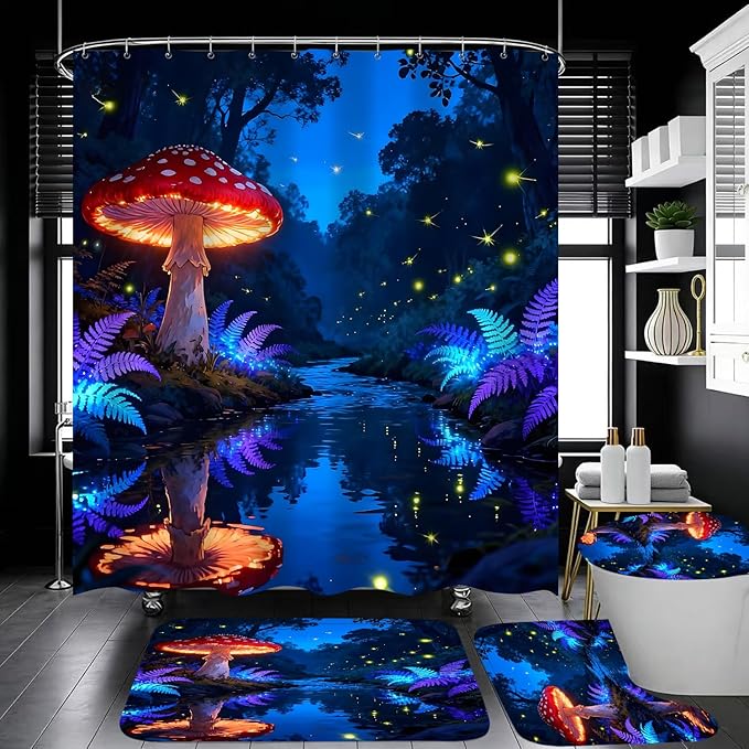 jieprom 4 Piece Blue and Purple Shower Curtain Set with Rugs, Magical Red Mushroom & Glowing Forest Art, Fantasy Aesthetic Waterproof Fabric Bathroom Decor with Non-Slip Mats & Toilet Lid Cover