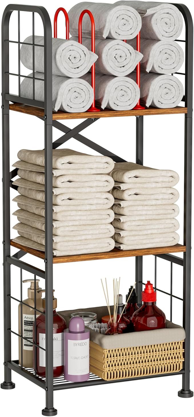 GIOTORENT Bathroom Towel Storage, 3-Tier Free Standing Towel Rack with M-Shaped Dividers, Wooden Towel Organizer for Bathroom, Towels Stand for Home and Pool, Black and Rustic