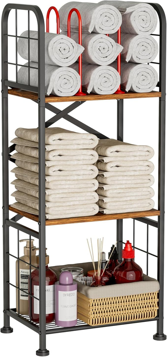 GIOTORENT Bathroom Towel Storage, 3-Tier Free Standing Towel Rack with M-Shaped Dividers, Wooden Towel Organizer for Bathroom, Towels Stand for Home and Pool, Black and Rustic