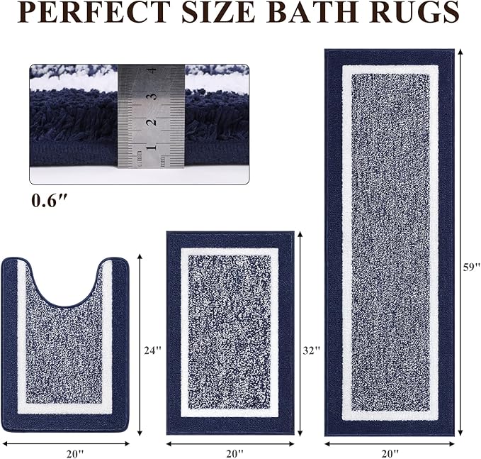 Pauwer Bathroom Rugs Sets 3 Piece Bathroom Shower Rugs with U-Shaped Contour Toilet Mat Absorbent Microfiber Plush Bath Mats Non Slip Bath Rugs Machine Washable Shaggy Bathroom Floor Mats, Navy