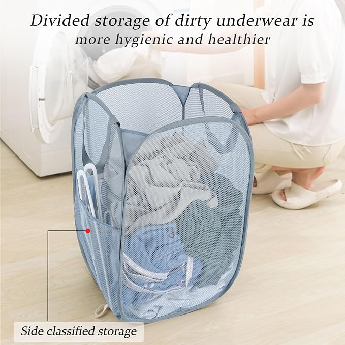 Upgraded 100L Extra Large Collapsible Laundry Hampers. Pop Up Laundry Basket Mesh with Pocket, Fold Compact, Large Hold Portable Travel Laundry Bag for Dorm Storage Bin, Grey. V