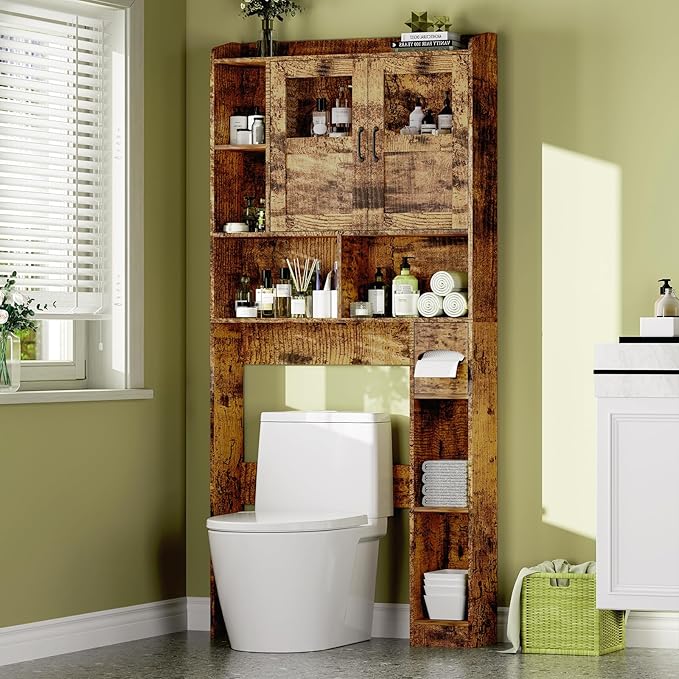 Farmhouse Style Over Toilet Storage Cabinet, 67" Tall Bathroom Organizer Unit with Sliding Barn Doors & Open Shelving for Bathroom, Neutral Wood Grain Finish