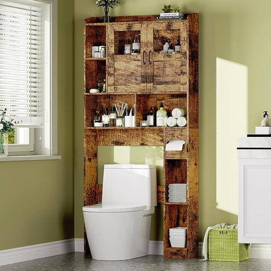Farmhouse Style Over Toilet Storage Cabinet, 67" Tall Bathroom Organizer Unit with Sliding Barn Doors & Open Shelving for Bathroom, Neutral Wood Grain Finish