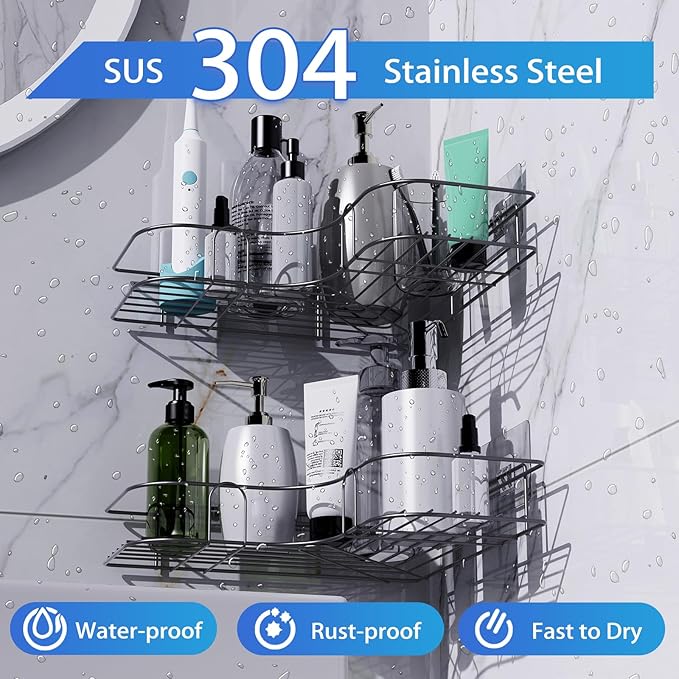Corner Shower Caddy, 2 Pack Adhesive Shower Corner Organizer Shelves, No Drilling Stainless Steel Shower Storage Rack for Bathroom, Dorm and Kitchen, Black