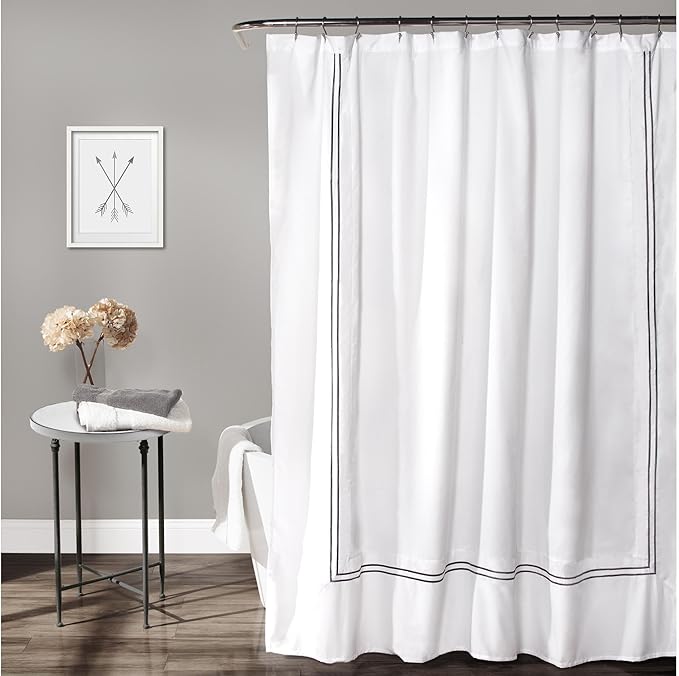 Lush Decor Hotel Collection Shower Curtain Fabric Minimalist Plain Style Bathroom Design, 72" x 72", White and Gray