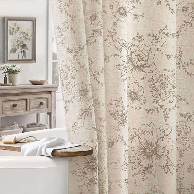 Farmhouse Floral Linen Shower Curtain, Vintage Tan Pattern Rustic Shower Curtains for Bathroom, Taupe,72x72