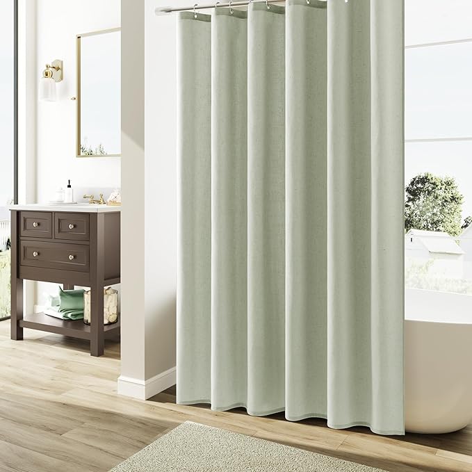 Naturoom Mist Sage Linen Shower Curtain, Country Boho Farmhouse Bath Decor Shower Curtains Neutral Cloth Weighted Textured Fabric Bath Curtain Liner with Hooks, 72x80