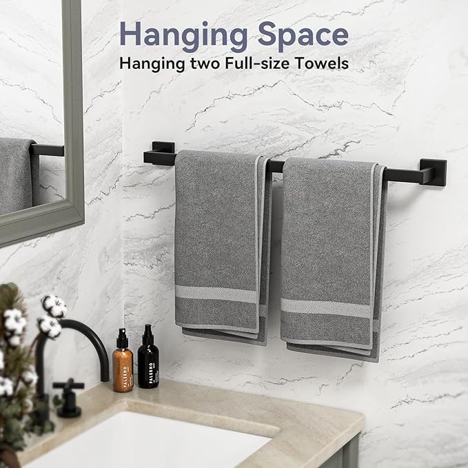 Matte Black Towel Bar, 24 Inch Bathroom Towel Rack, Towel Holder Wall Mounted, Square Base Thicken SUS304 Stainless Steel Towel Rod Modern Home Decor (Total Length 26-Inch)