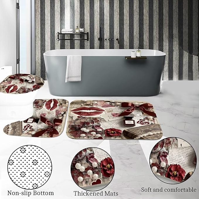 DDQQ 4Pcs Sexy Lip Shower Curtain Set Women Pearl Bow Bathroom Decor Set, Fashion Red Flower Perfume Bathroom Curtains Shower Set with Rugs, Girly Shower Curtain with 12 Hooks